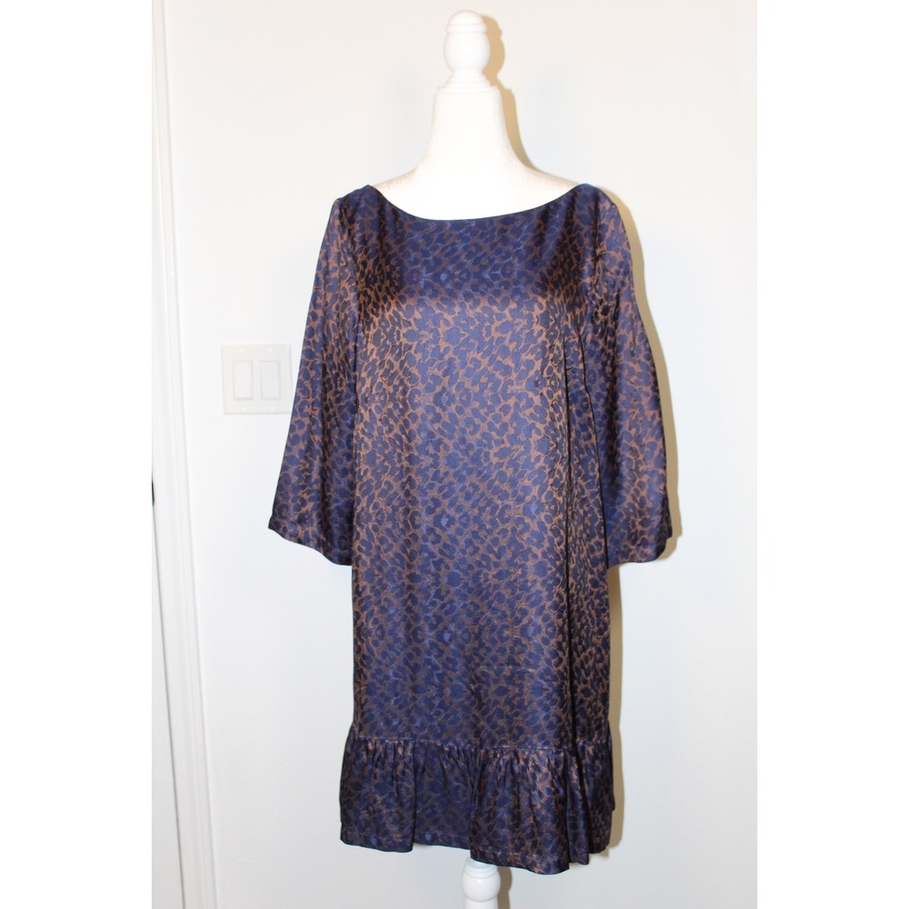 SEZANE Navy Blue Bronze Leopard Print Ruffle Hem Shift Dress Size 42 US‎ 10